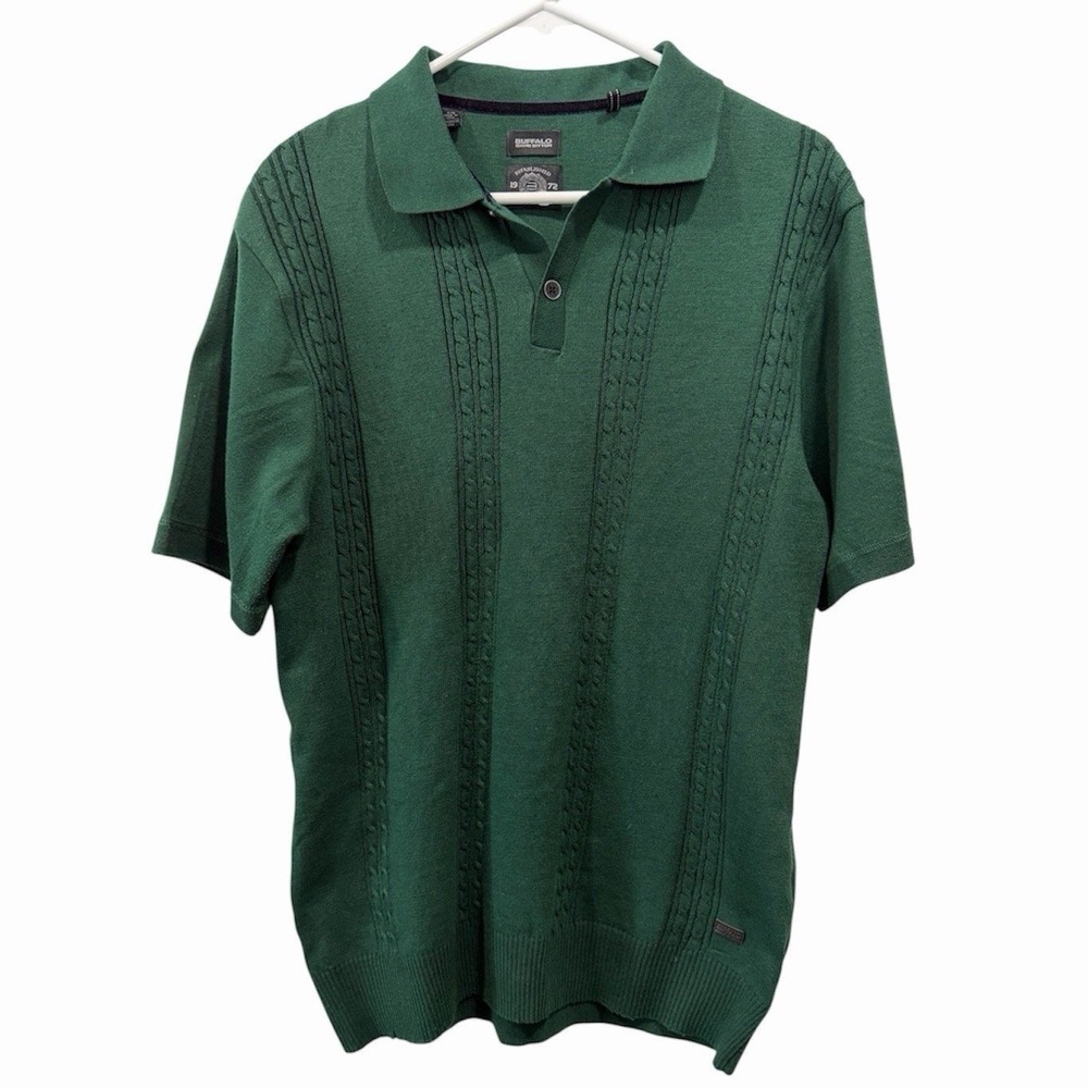 Buffalo David Britton Cable Knit Green Mens Polo Size Large Collar Short Sleeve‎